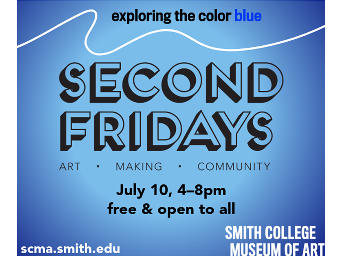 SCMA logo on a field of blue with text aove that reads "exploring the color blue" and below reads" July 10, 4–8pm, free & open to all , plus scma.smith.edu url