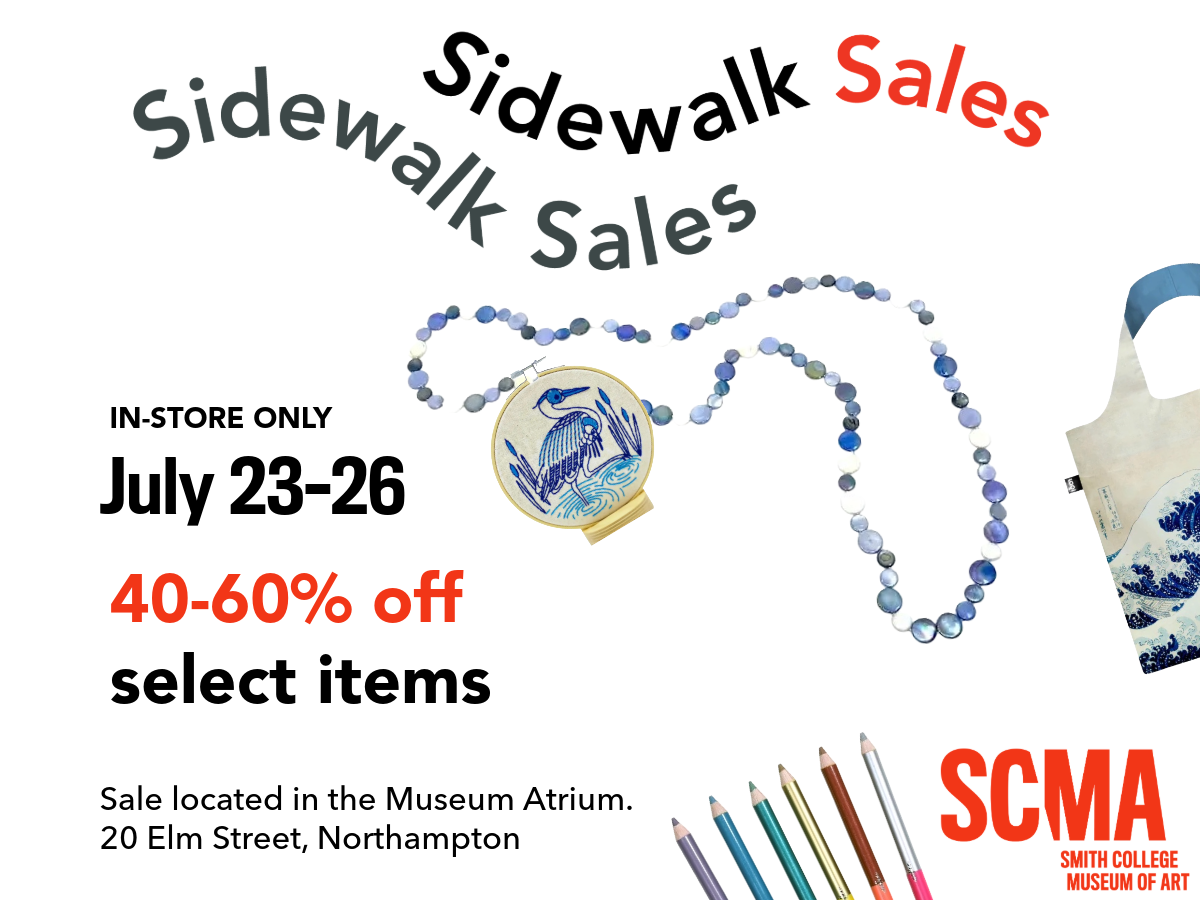 Graphic with wavy text that reads Sidewalk Sales twice, in-store only, July 23 to 26, 40 to 60% off select items with a necklace, a crane embroiderery, colored pencils and part of a bag floating around the text 