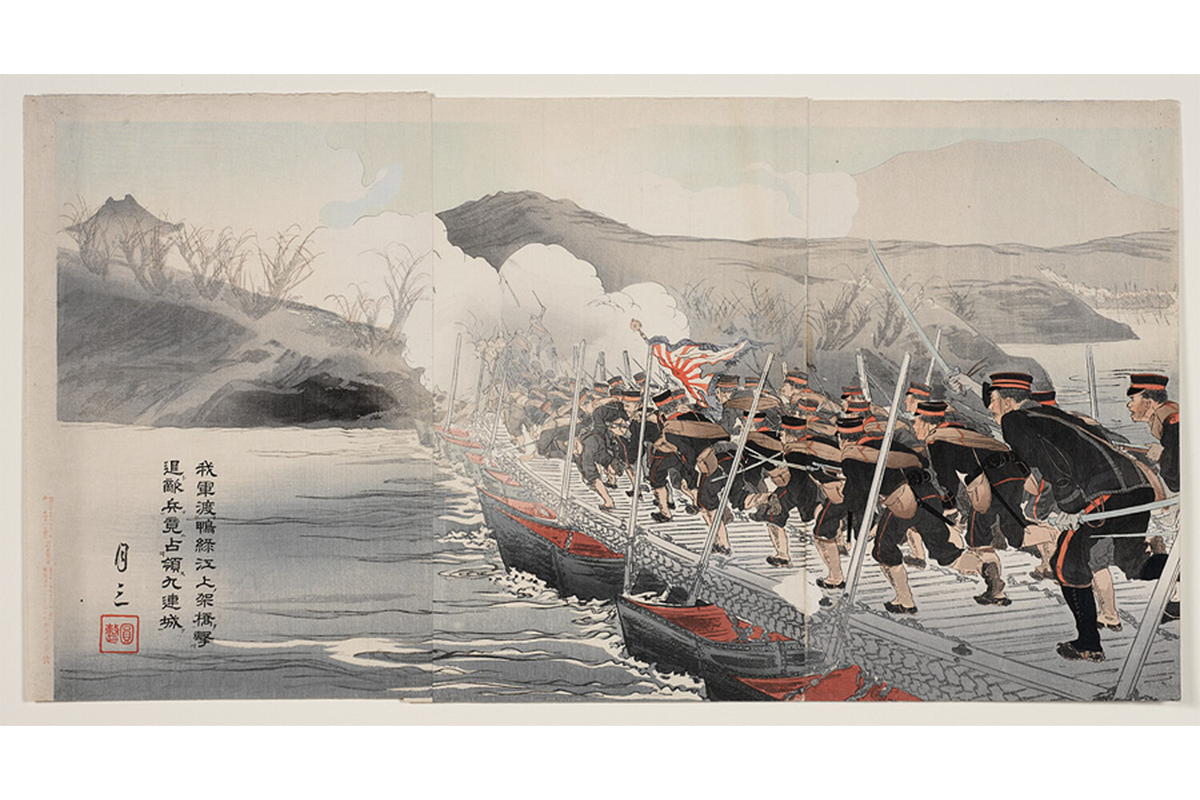 Print of Soldiers crossing a bridge over water