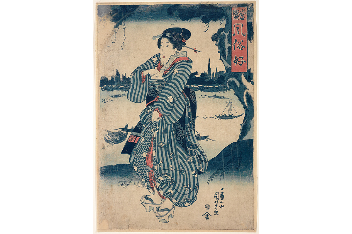 Print of person in a Kimono with a predominant color blue throughout