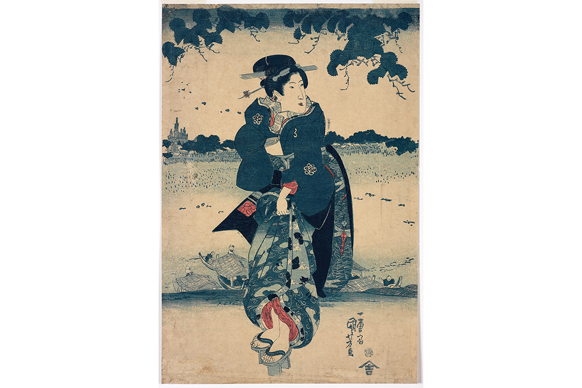 Print of person in a Kimono with a predominant color blue throughout