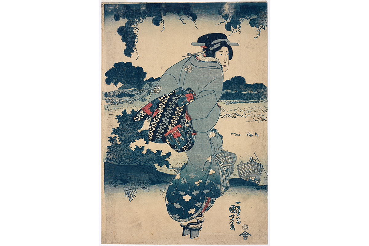 Print of person in a Kimono with a predominant color blue throughout