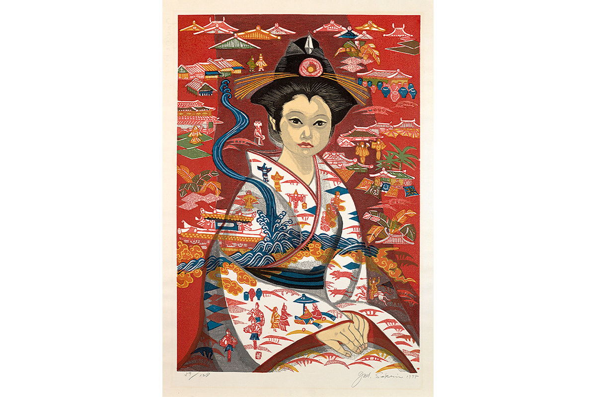 Print of a Seated person in a Kimono with elaborate images of houses and palm trees all around the person