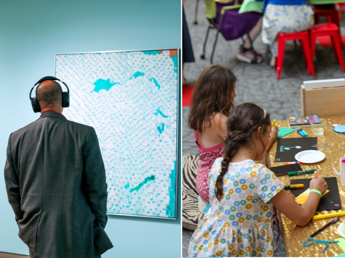 Two photos: Left an image of a person in a suit jacket in front of a colorful green and white painting with head phones; on the right two young people at table making art