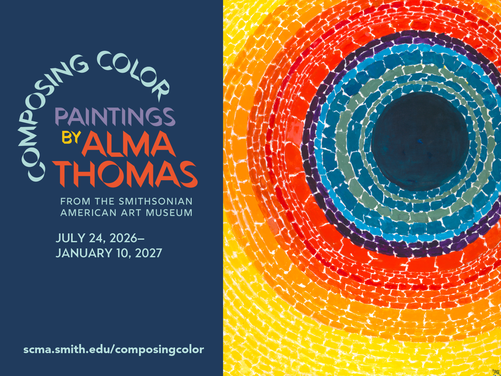 Logo of exhibition Composing Color: Paintings by Alma Thomas from the Smithsonian American Art Museum on left and a painting of a dark blue circle with dashed circular lines running around the perimeter of the blue circle in alternating colors of light blue, dark blue, then organe, red and yellow