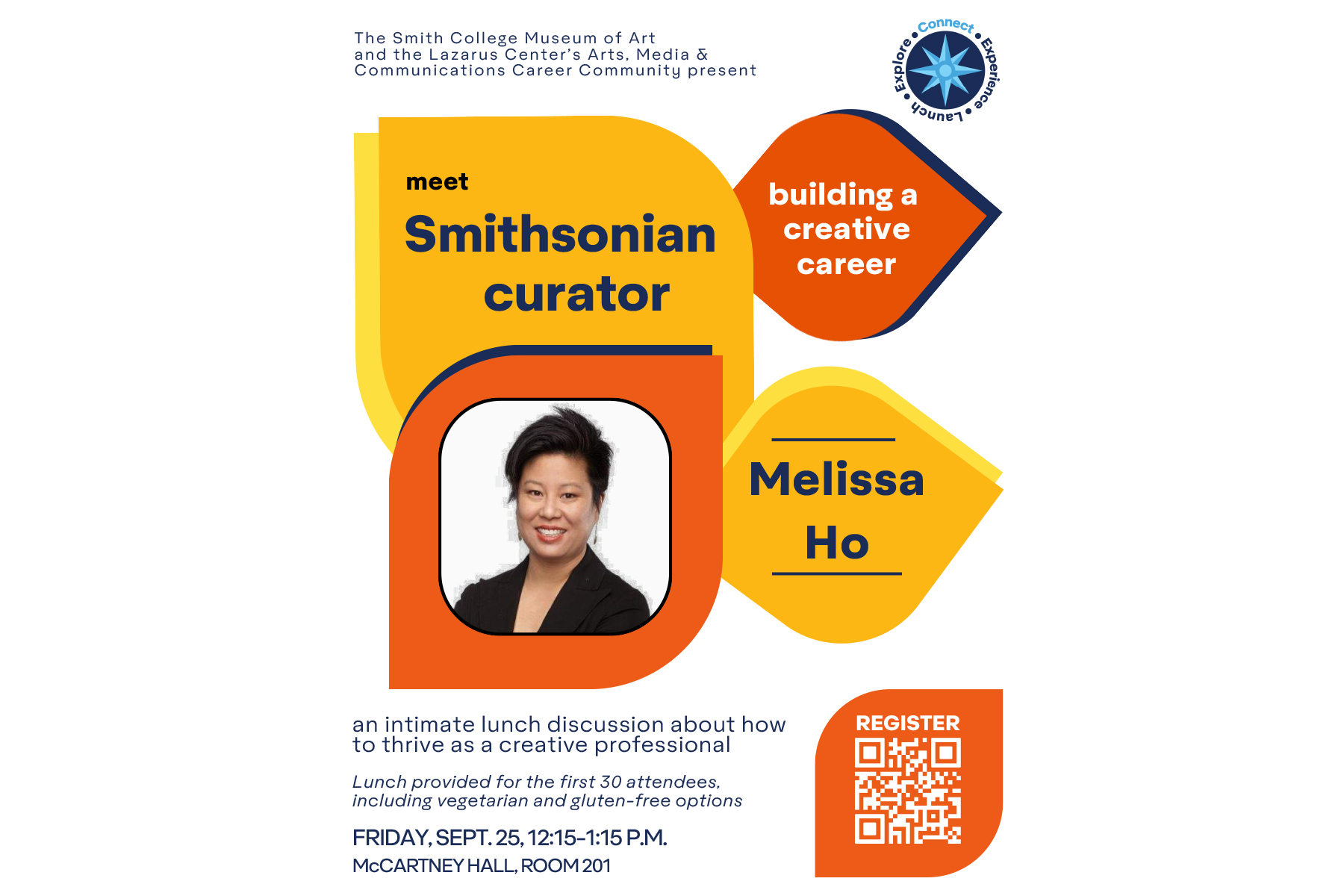Flyer with a portrait present meet Smithsonian curator building a creative career