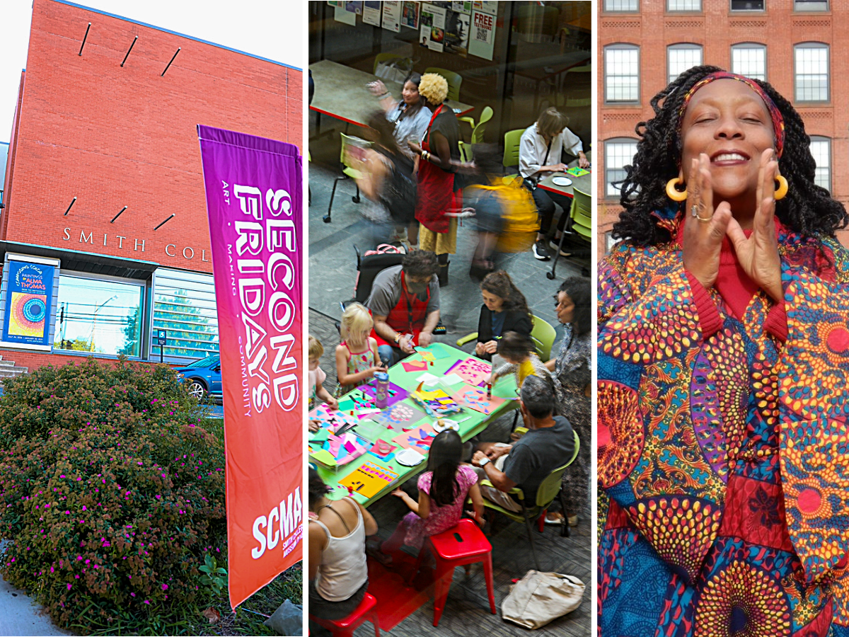 Three images in a row, on left is a brick building behind a vertical outdoor banner that reads Second Friday, Middle of a group of people making art at tables from bird's eye view and on the right a smiling person with dark hair in a brightly patterned robe with hands close together in front of their face