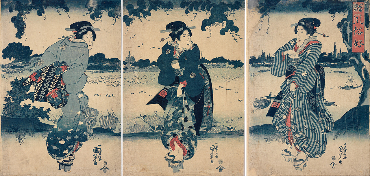 Three prints in a row, each with a person dressed as a Geisha standing in a landscape