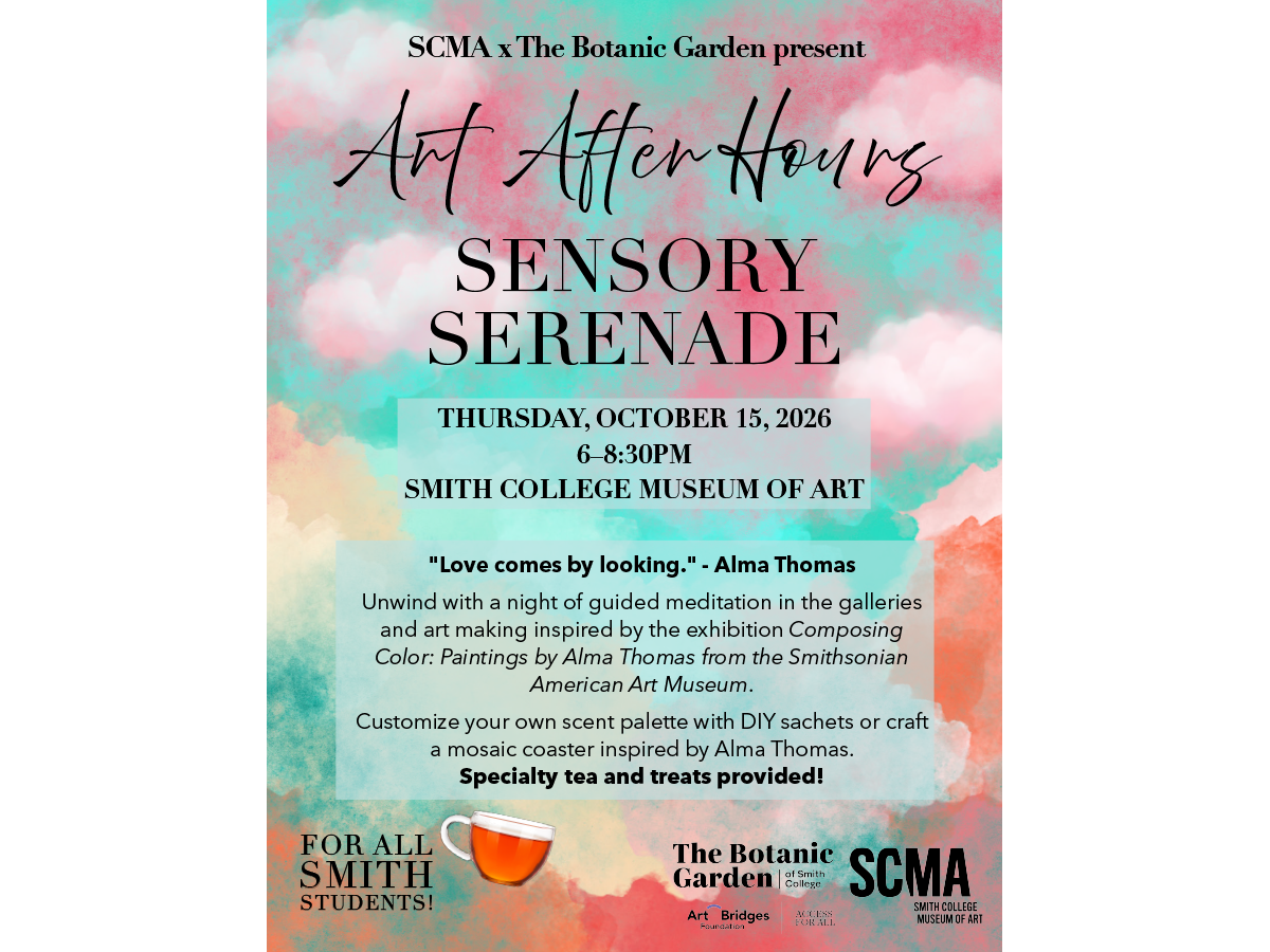 Poster in pastel pinks and blues sharing Art AFter Hours: Sensory Serenade dates and times and details, same as in body text