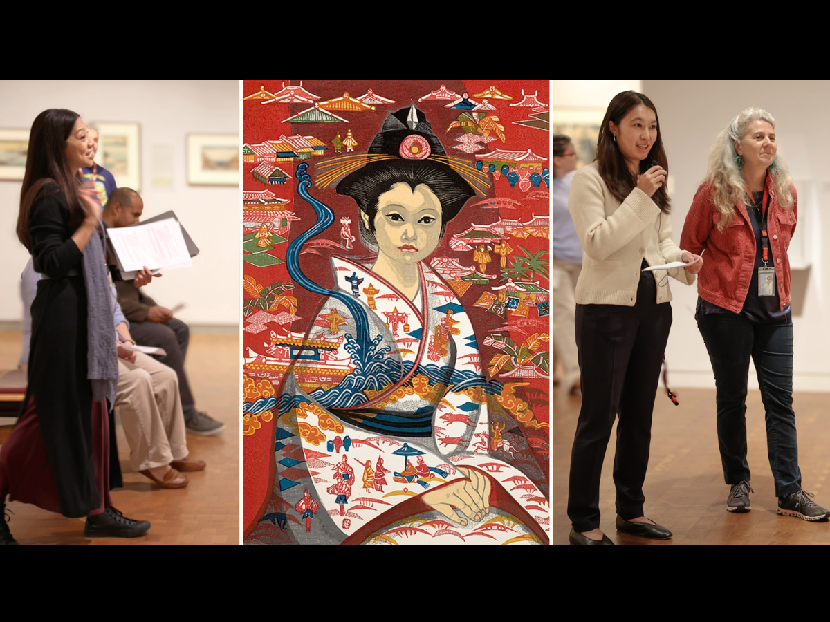 Three images, on left person in maroon and black skirt holding papers and speaking in a gallery, in middle is a print of a person in a kimono and on the right are two people in a gallery, with the person on the left speaking into a microphone