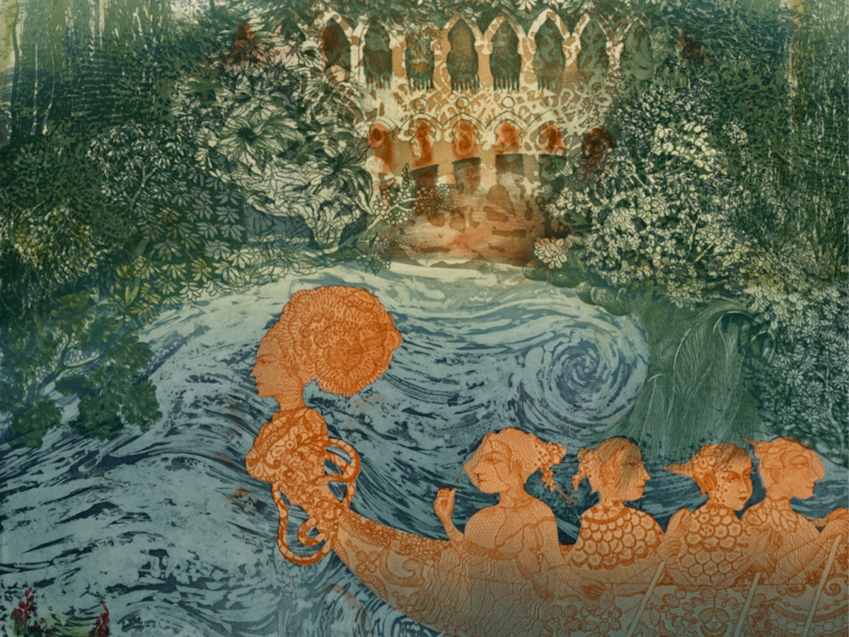 Print in blue, green and orange of an elaborate boat with four people in it on water with greenery and a building on shore in background