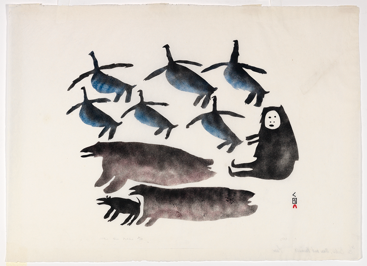 Blue and brown watercolor-like drawing of six birds, three unknown animals and one person