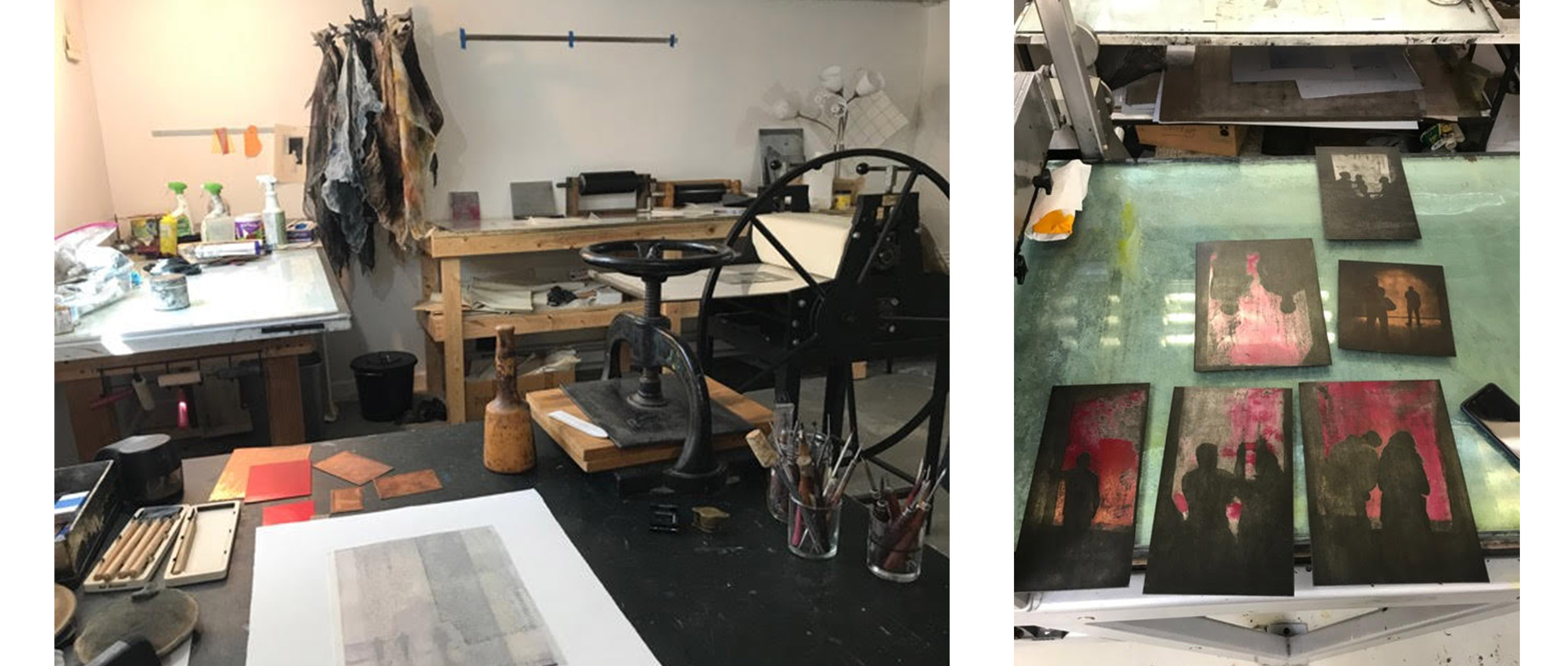 left: a printmaking studio, with three counters covered in supplies and prints in progress. right: five prints of shadows of people against colorful backgrounds, arranged on a green tabletop in a printmaking studio