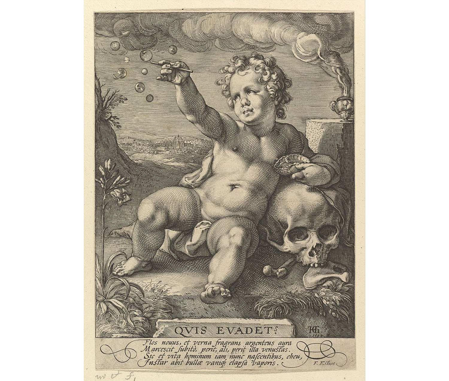 small baby with curly hair, resting his left arm on a large skull, sitting on the ground surrounded by flowers and smoke