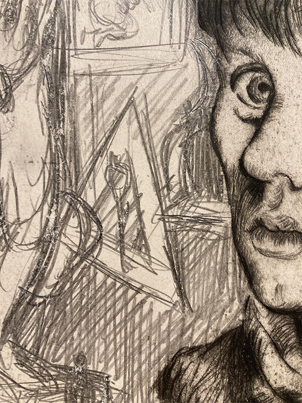 close up detail of background of Hubbuch's self portrait print