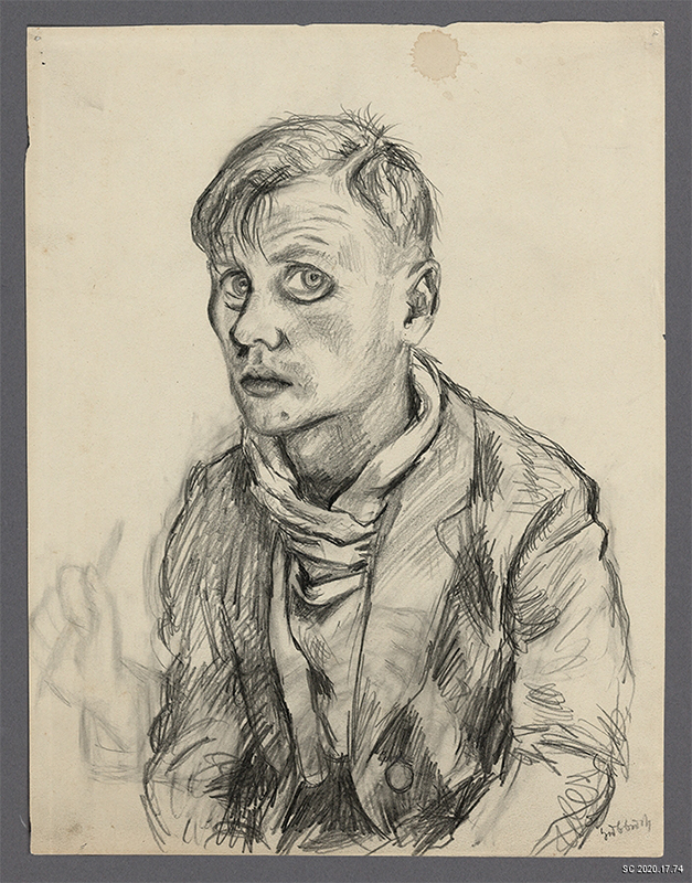 young man turned toward left looking out at the viewer; erased proper right hand holds a stylus
