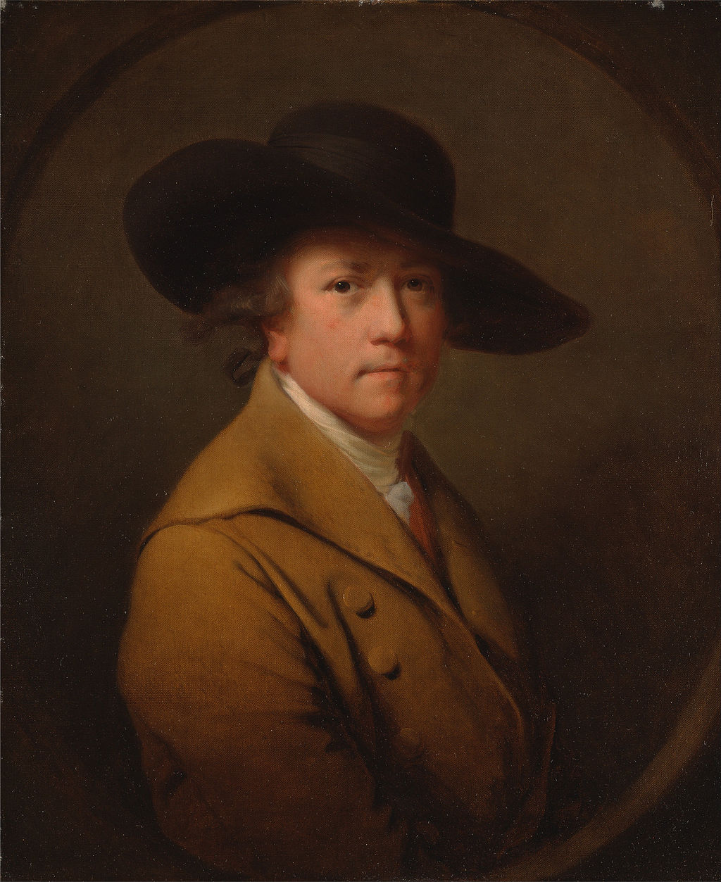 color bust portrait of a man wearing a double-breasted jacket and a black hat