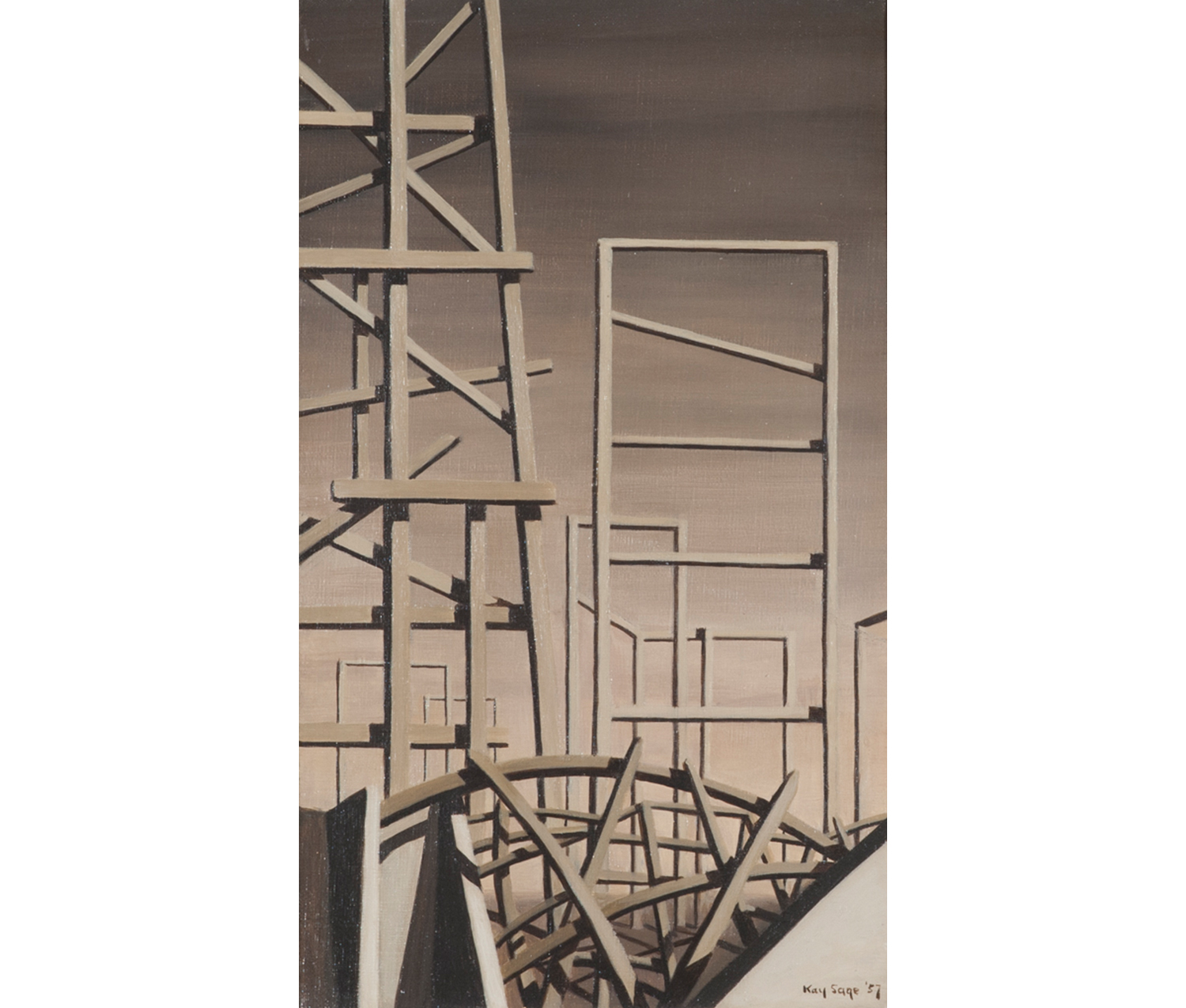 tall wood scaffolding-like shapes on grey background, curved bridge-like scaffolding shape at bottom