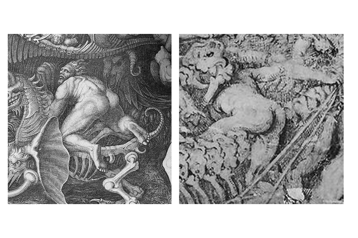 "left: back view of nude figure riding on a carcas. right: back view of nude figure riding on a carcas, surrounding by other bits and pieces of carcasses"