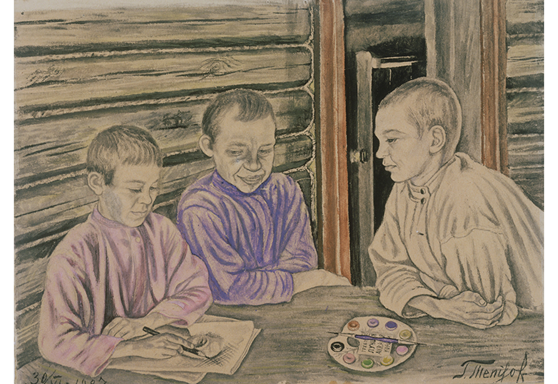 Three boys in a log cabin each wearing a loose long sleeved collarless shirt, each with short hair, all seated at a table. Two of them watch the boy on the left working on a drawing. Watercolor set between them