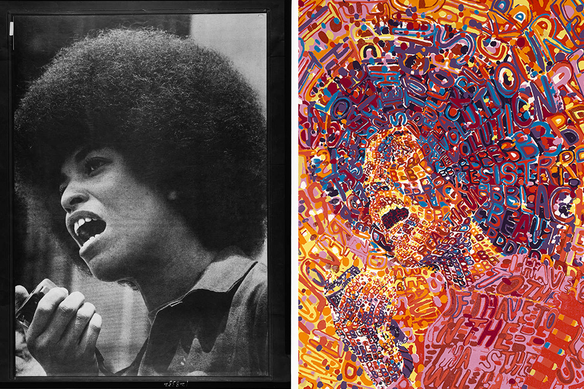 Poster showing head-and-shoulders portrait of Angela Davis, facing left.