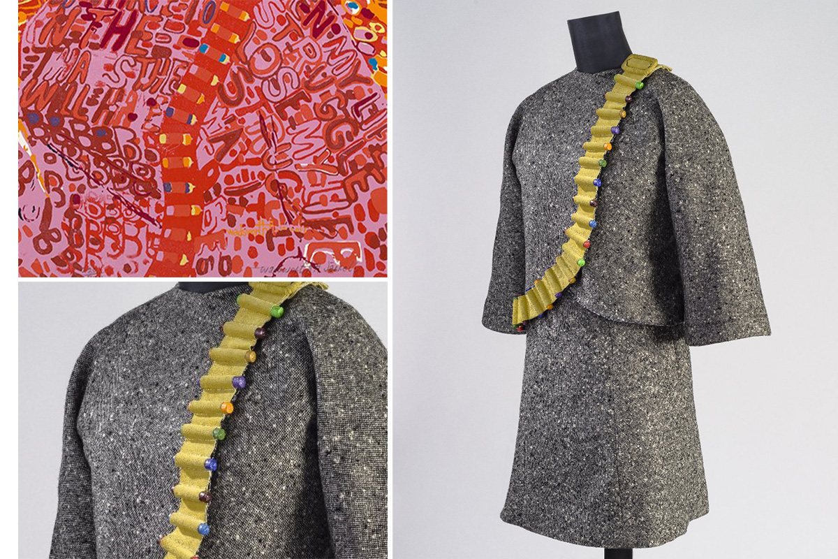  Two piece suit: salt and pepper wool tweed with incorporated suede bandolier containing painted wooden faux bullets: A-line skirt with zipper and jacket with ¾ length bell sleeves. Jacket and skirt lined with black silk. This object is the artist’s unique reproduction of original 1969 lost work.