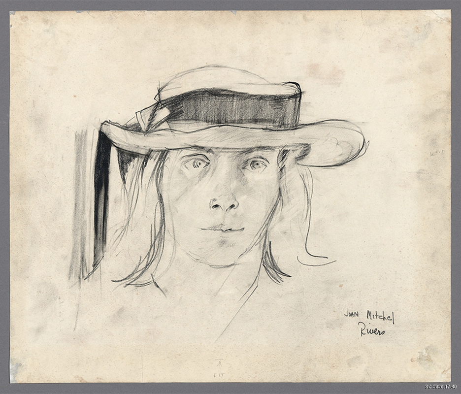 front facing portrait of a woman wearing a boater hat with a ribbon around the crown