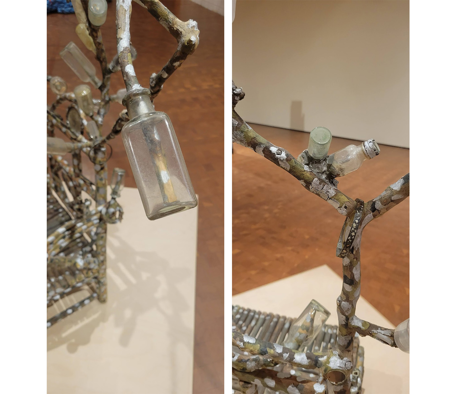 two photographs showing close-ups of a sculptural chair, with glass bottles dangling from tree branches adorned with scraps of metal