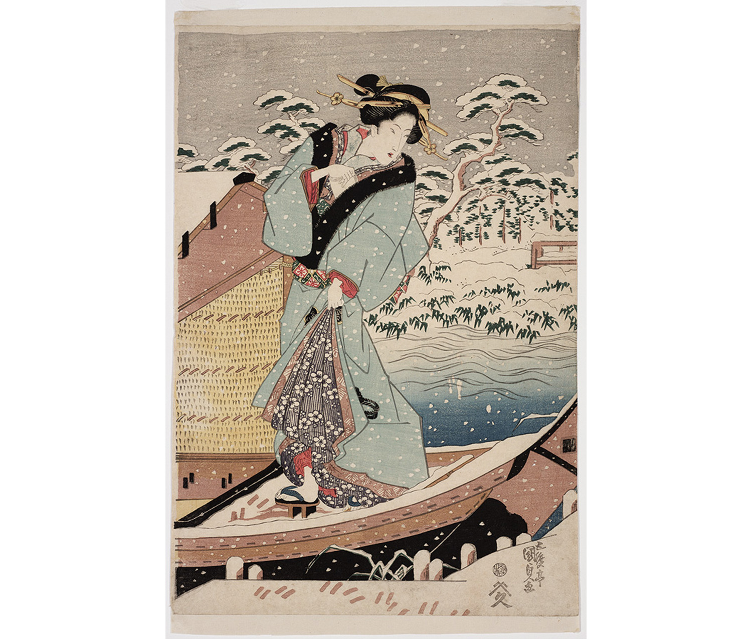 Courtesan standing on boat wearing an elaborate kimono. She pulls a small packet of white paper from her kimono. Thick snow falls all around her. Pine trees covered with snow on distant shore.