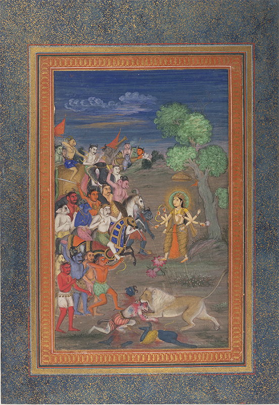 "goddess standing under a tree at night facing a group of demons on horseback on the left as a man is being eaten by a lion at lower right image"