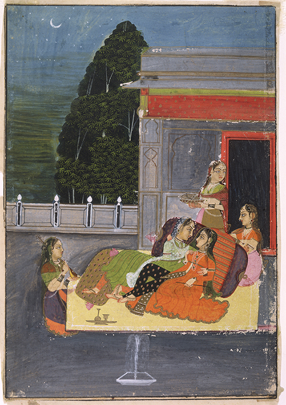 "two women emgracing while seated on a cushion on a terrace, near them two kneeling woman and on standing with a tray, landscape visible at back left"