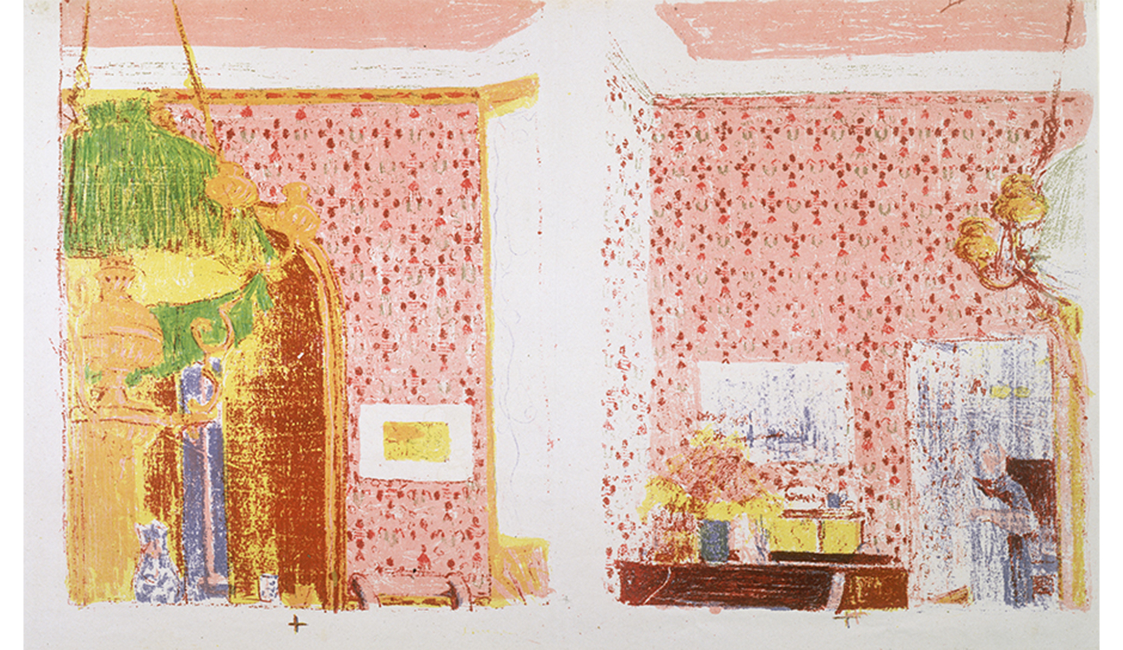 interior of a living room with pink wallpaper and hanging plants
