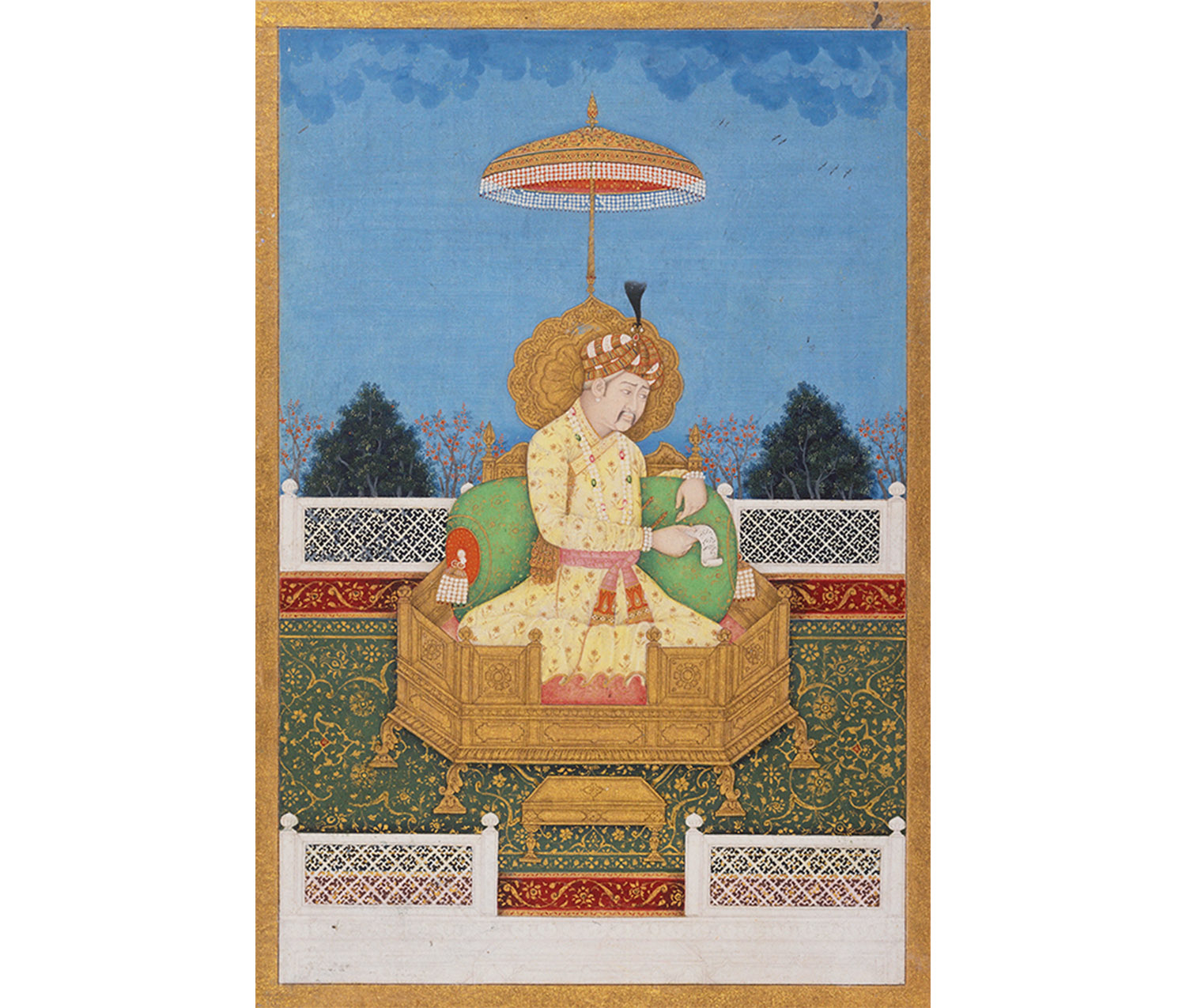 A portrait of the Muslim emperor Akbar reclines on his throne above a richly decorated carpet as he looks over official documents