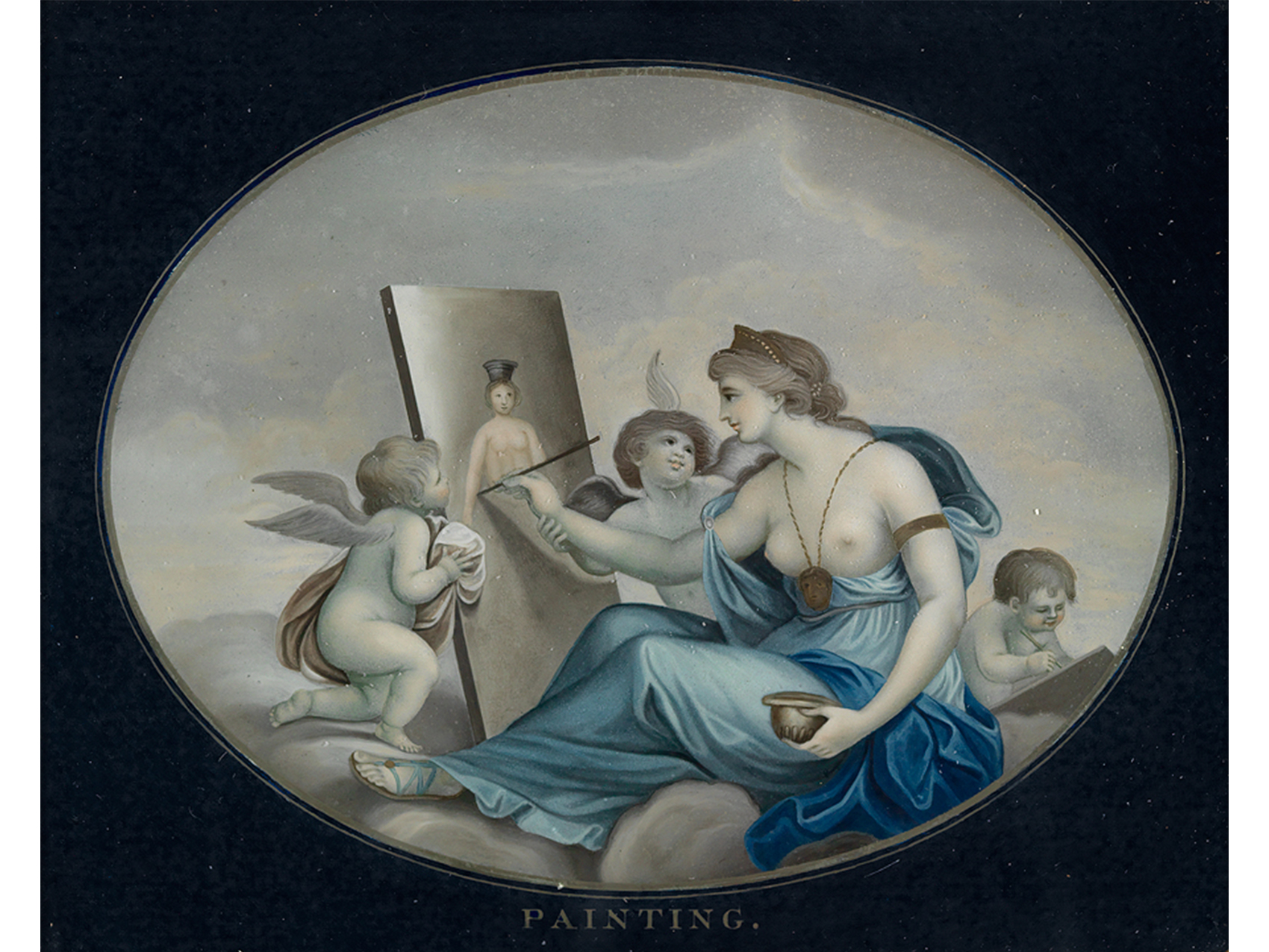 circular image of a woman wearing blue robes and painting on a propped-up canvas. next to her, two infant angels watch her paint. a third angel sits in the background, writing in a book. the circular image is surrounding by black edges and text on the bottom that says, "PAINTING."
