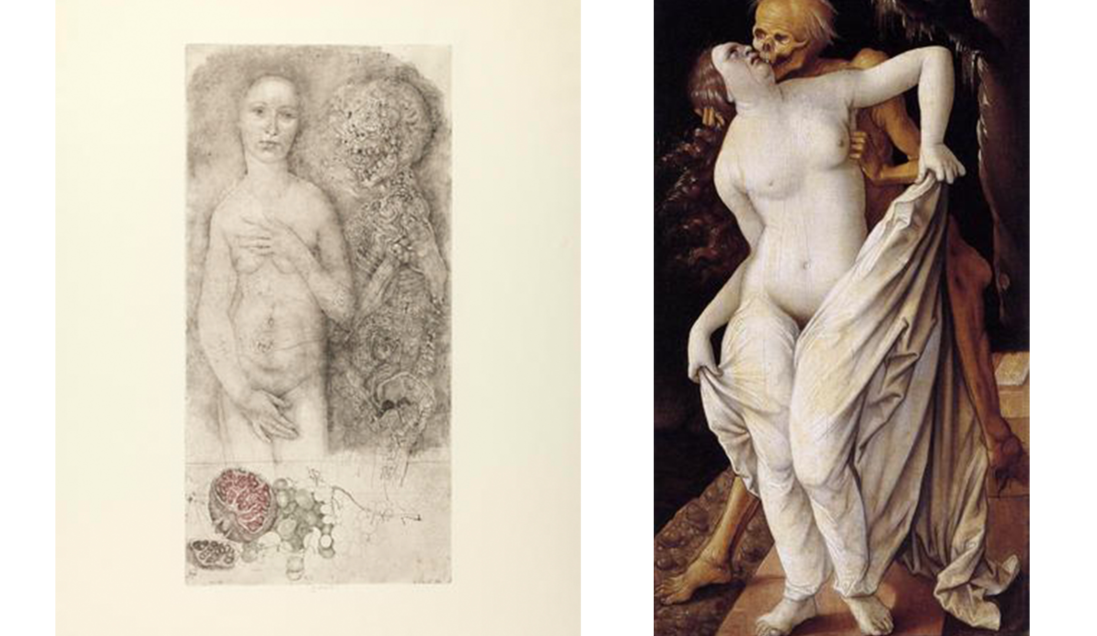 left: nude young woman standing at left near skeleton with flowers at lower left. right: nude woman with yellow skeleton behind her, trying to kiss her; woman has expression of disgust on her face