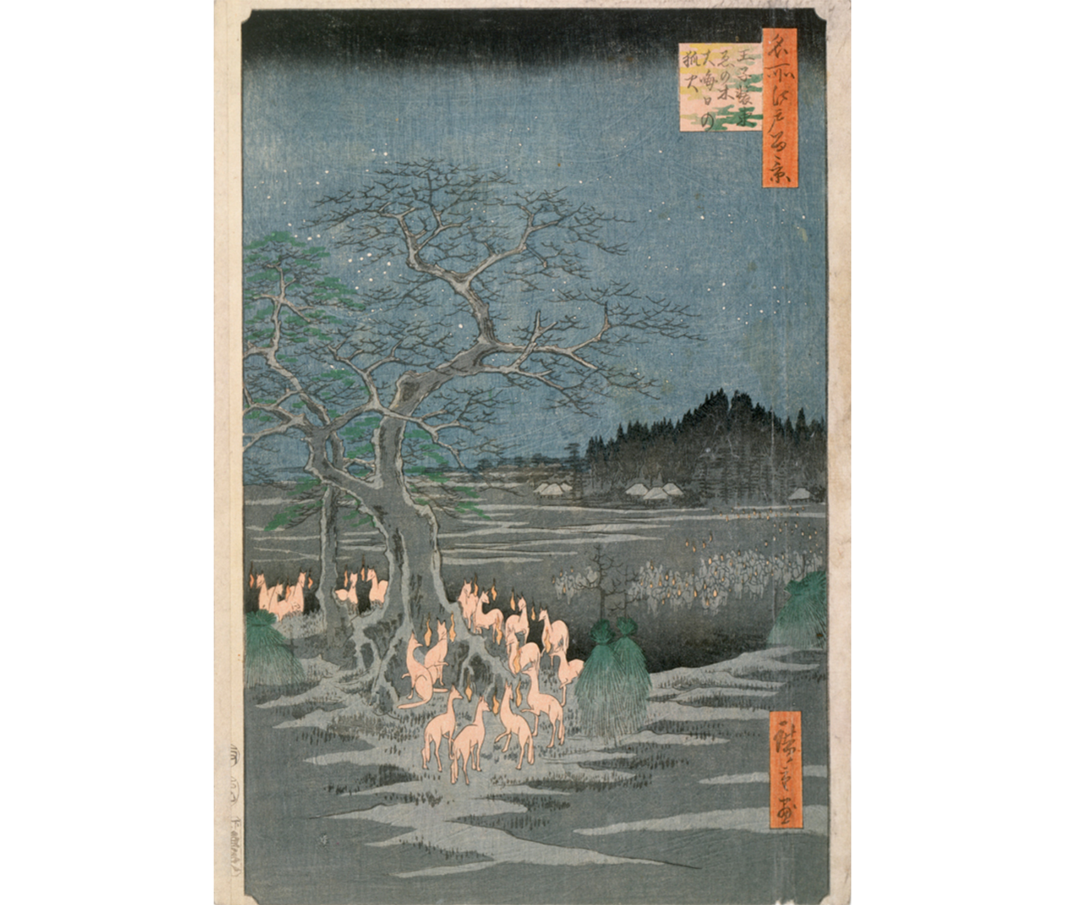 Night scene, a group of foxes blowing flames gather around a large hackberry tree (enoki) and haystacks, in the fields to the distant right a second group of fire breathing foxes approach