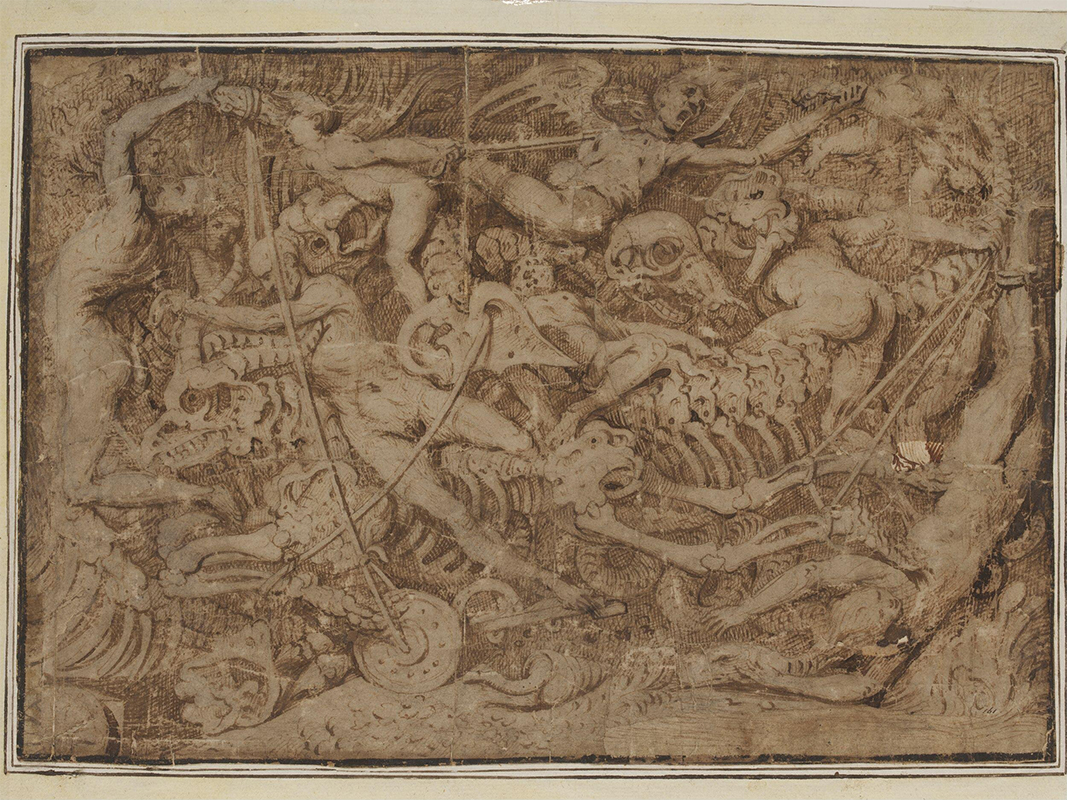 "figures carrying swords and flailing about a backdrop of carcasses"
