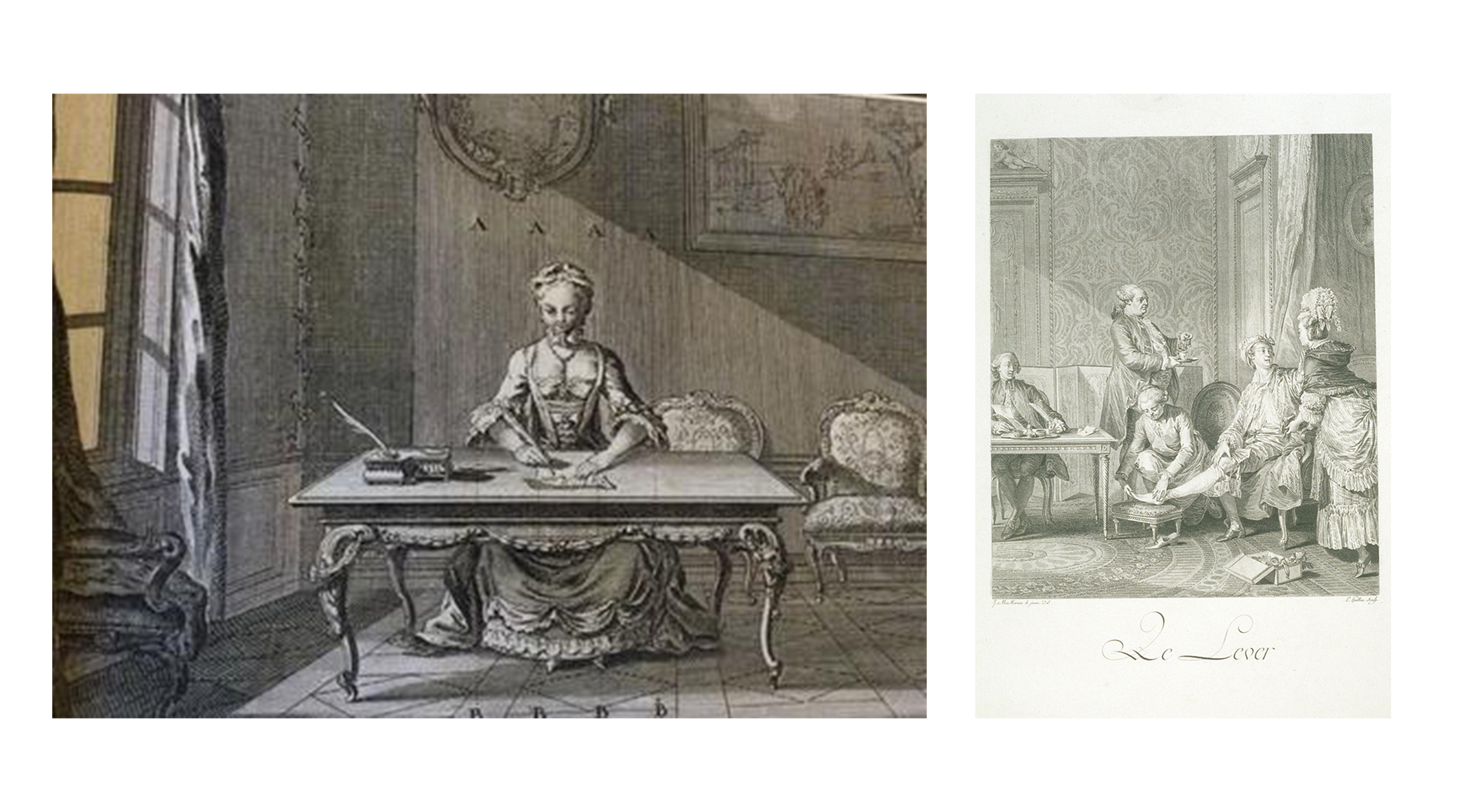 left: woman seated at a desk writing a letter with a quill pen; right: one man seated with servants dressing him; another seated man behind table, writing 