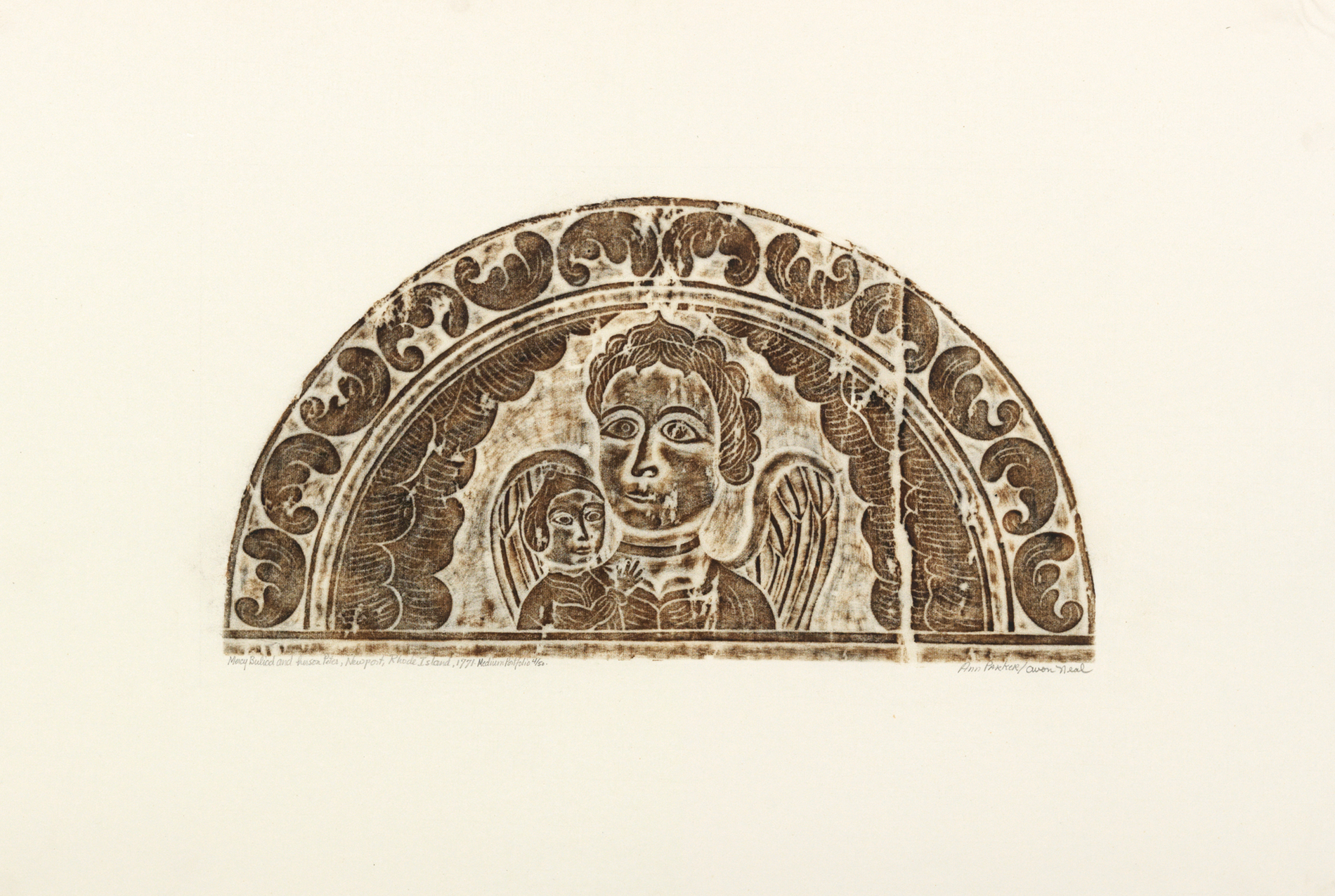 semi-circle shaped image containing angel with child's face next to it; elaborate flower patterns along the outer edges.