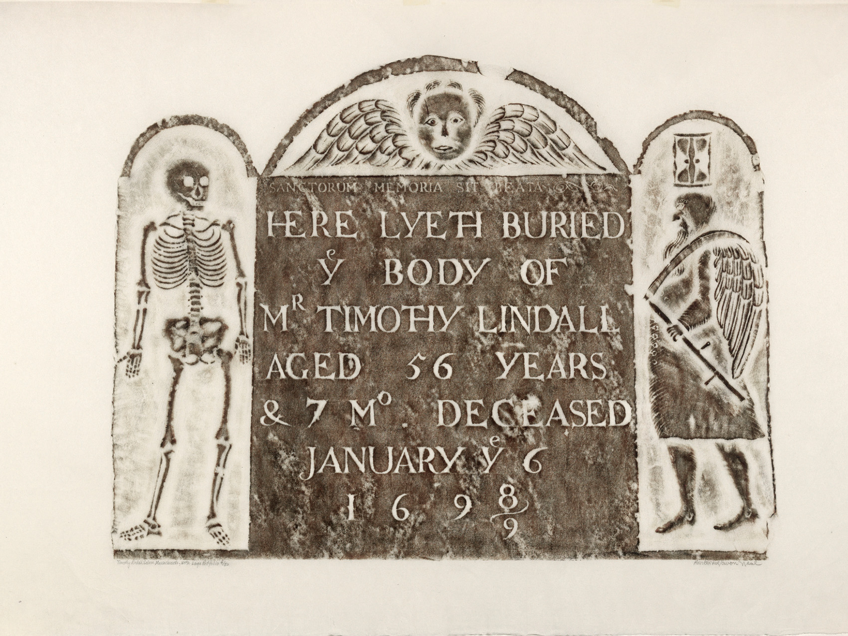 square block of text in the center reads: "Here lyeth buried y body of Mr. Timothy Lindall, Aged 56 years & 7 mo. Deceased January 6 1698." to the left of the text, skeleton. to the right of the text, father time holding scythe with an hourglass above him. above the text, an angel with wings