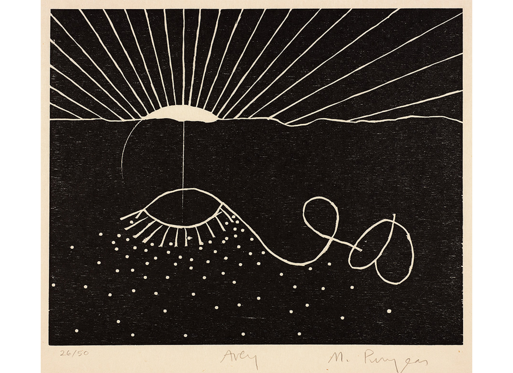 black and white drawing of sun rising above an ocean, with rays extending to the top of the page. below the waves, white lines in the shape of an eye, nose, and mouth. small specks of white underneath the face.