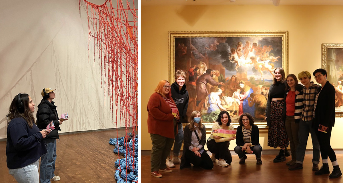 "LEFT: two students looking up at a piece of art in the museum while listening to the corresponding playlists. RIGHT: group photo of several participants at the event posing in front of a painting"