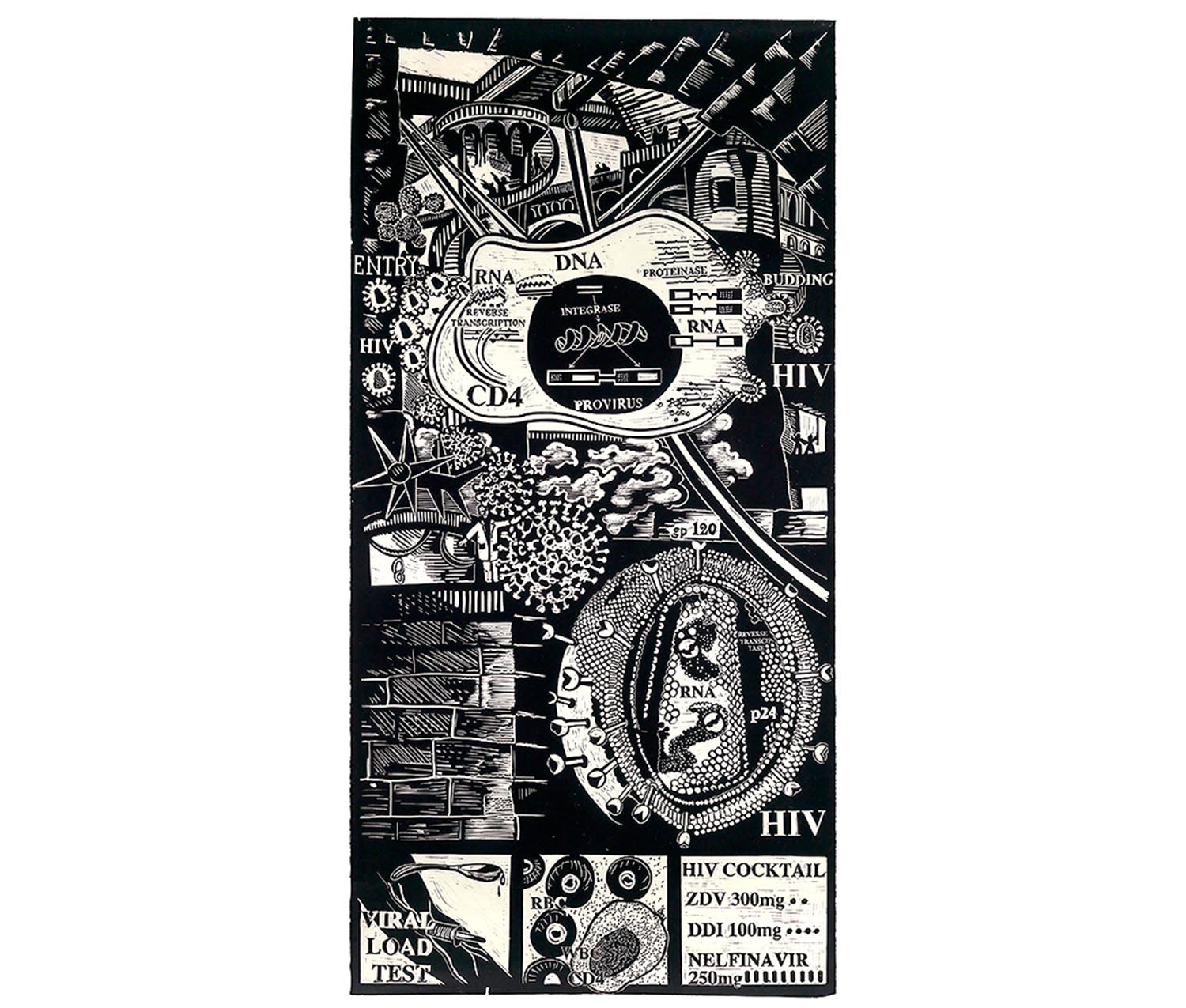 black and white print featuring houses, figures on balconies and stairs, AIDS virus cells of various sizes, clouds with interspersed words