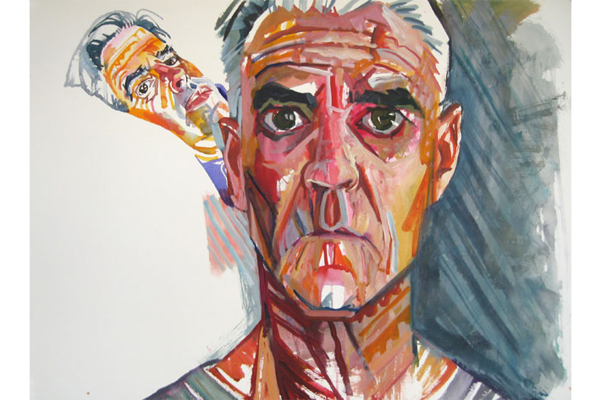"brightly painted portrait of man staring forward with second head in background on left"