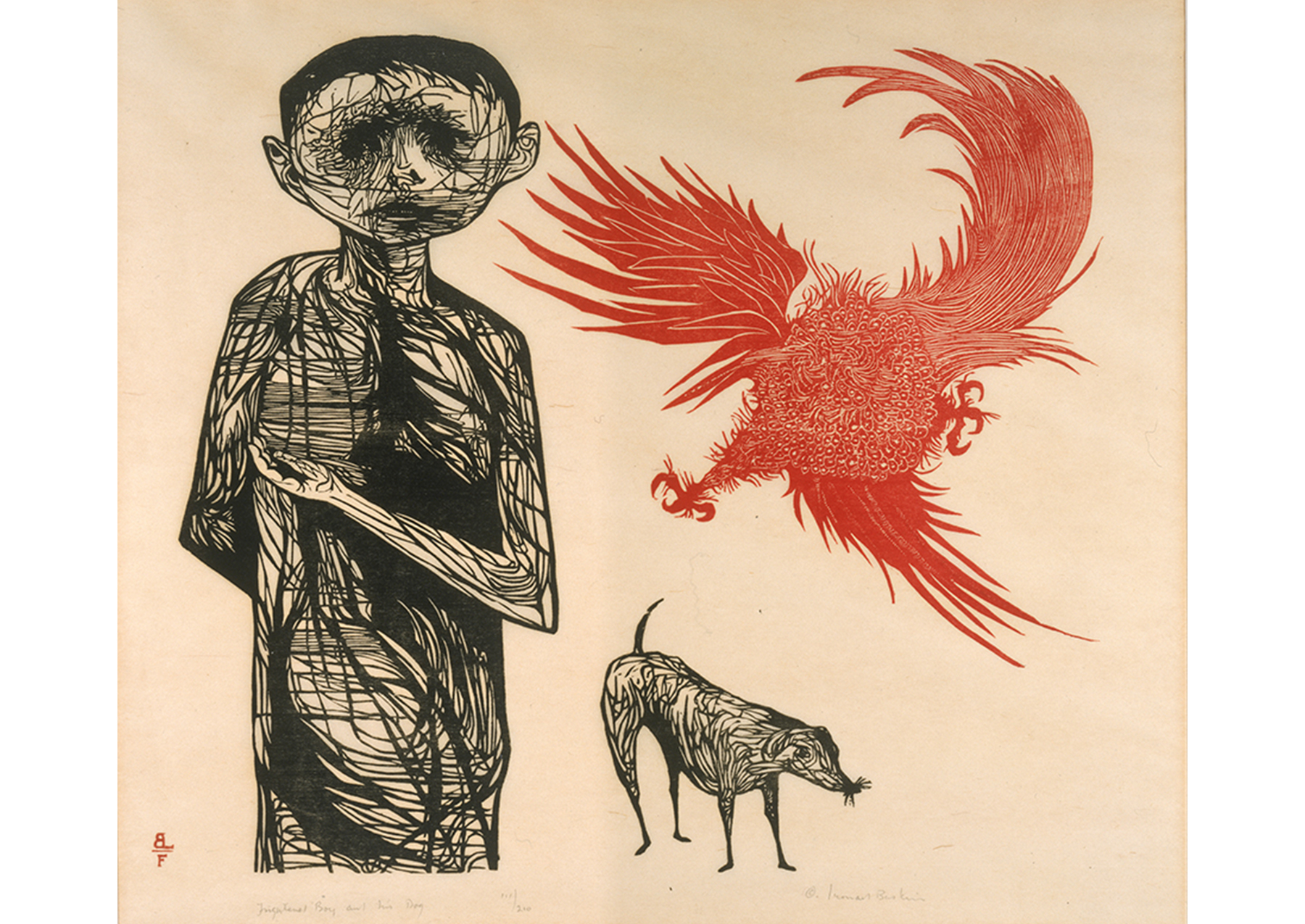 boy drawn in black and white, small dog next to him, large red bird flying in top right corner