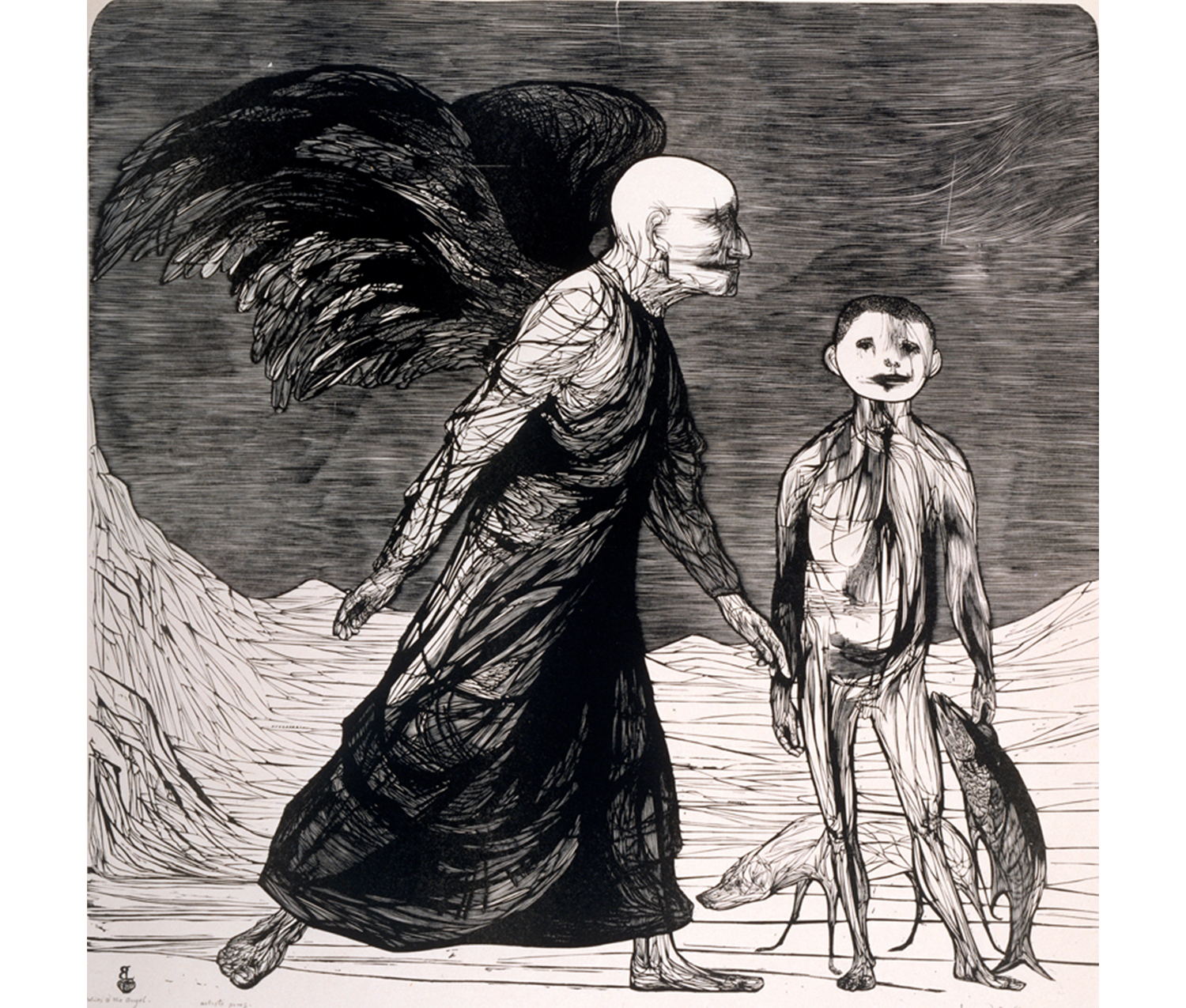 an angel with dark wings walks toward a small boy holding a fish