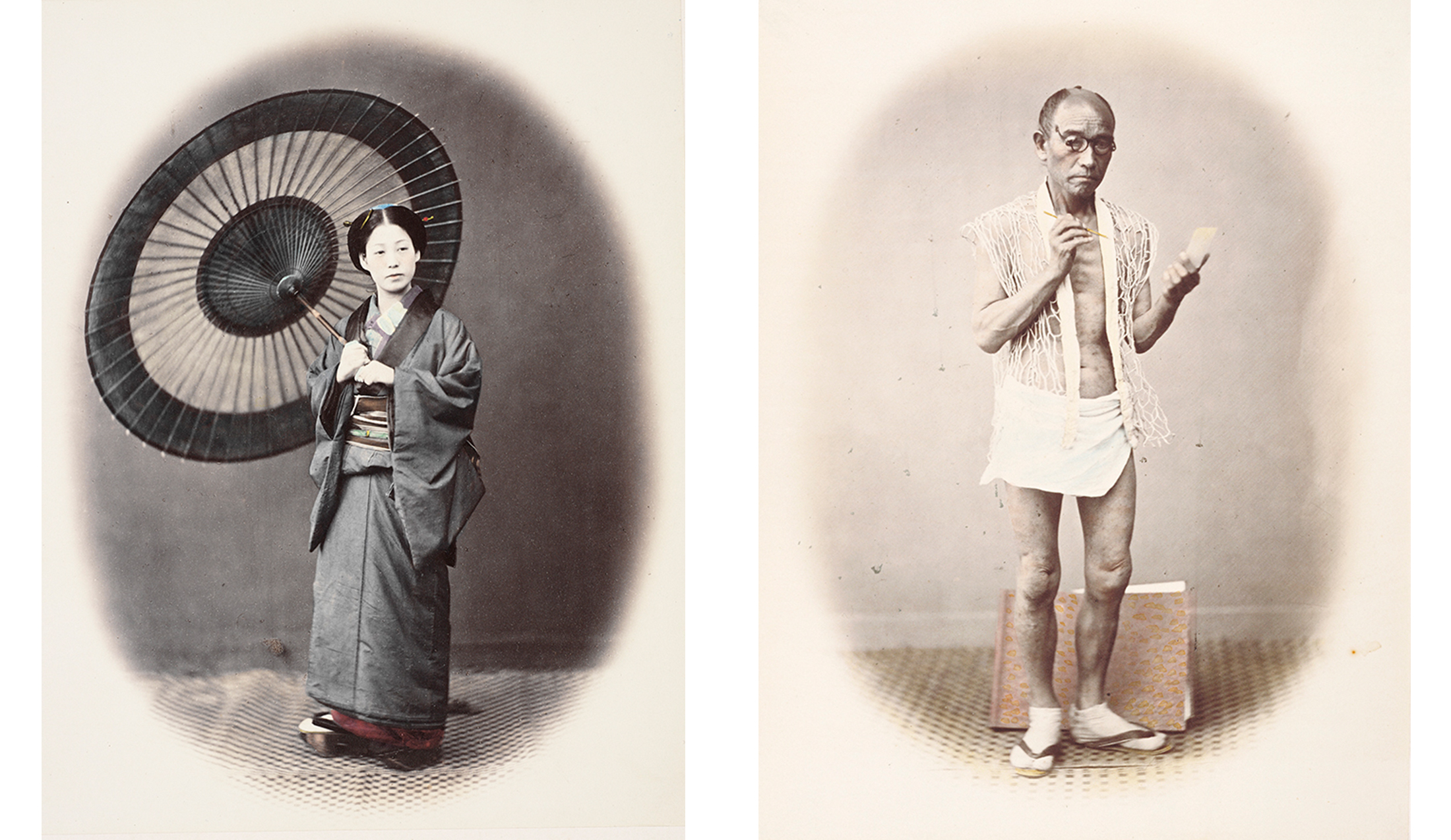 left: young Asian woman dressed in kimono and holding parasol. right: Older Japanese man standing wearing a loincloth and a open netted vest and holding a photograph in one hand and a small paintbrush or pen in the other; On the ground behind him his portfolio is placed