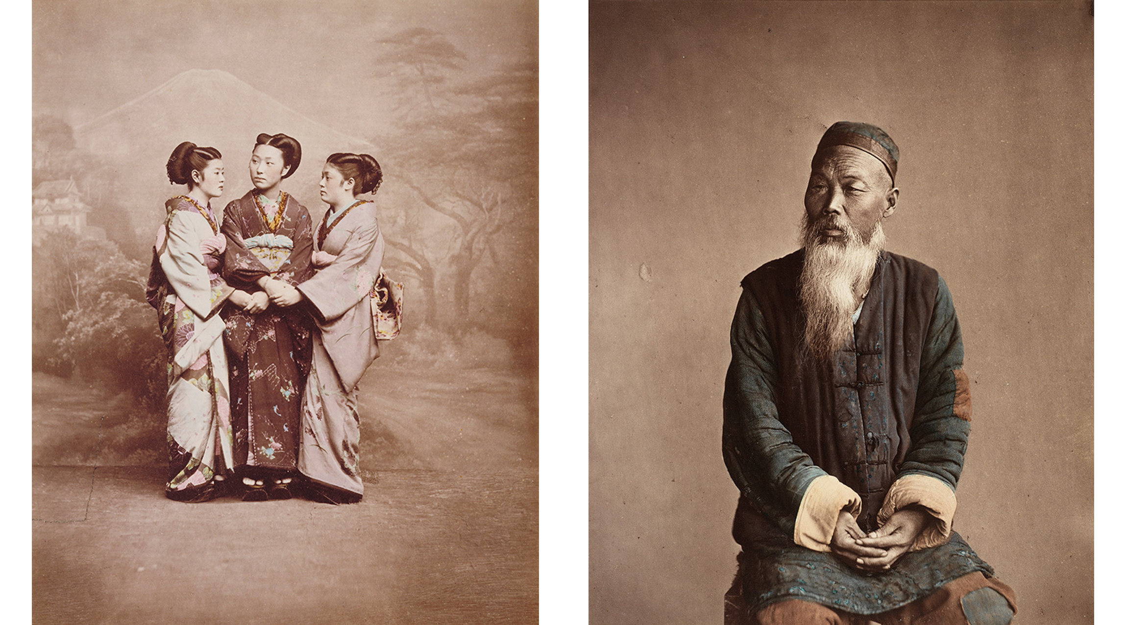 left: three women wearing kimonos; painted background with trees and a mountain. right: portrait of a seated man with long white beard wearing hat
