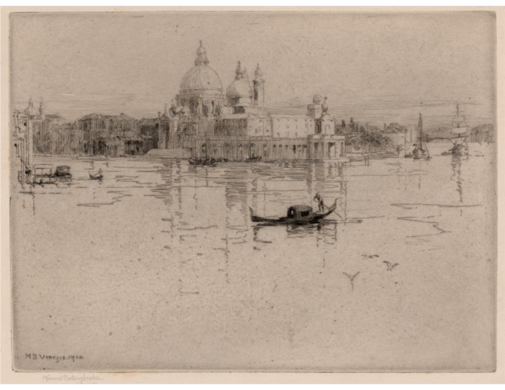 View of large domed building sited on the bank of a body of water. Figure in gondola at center