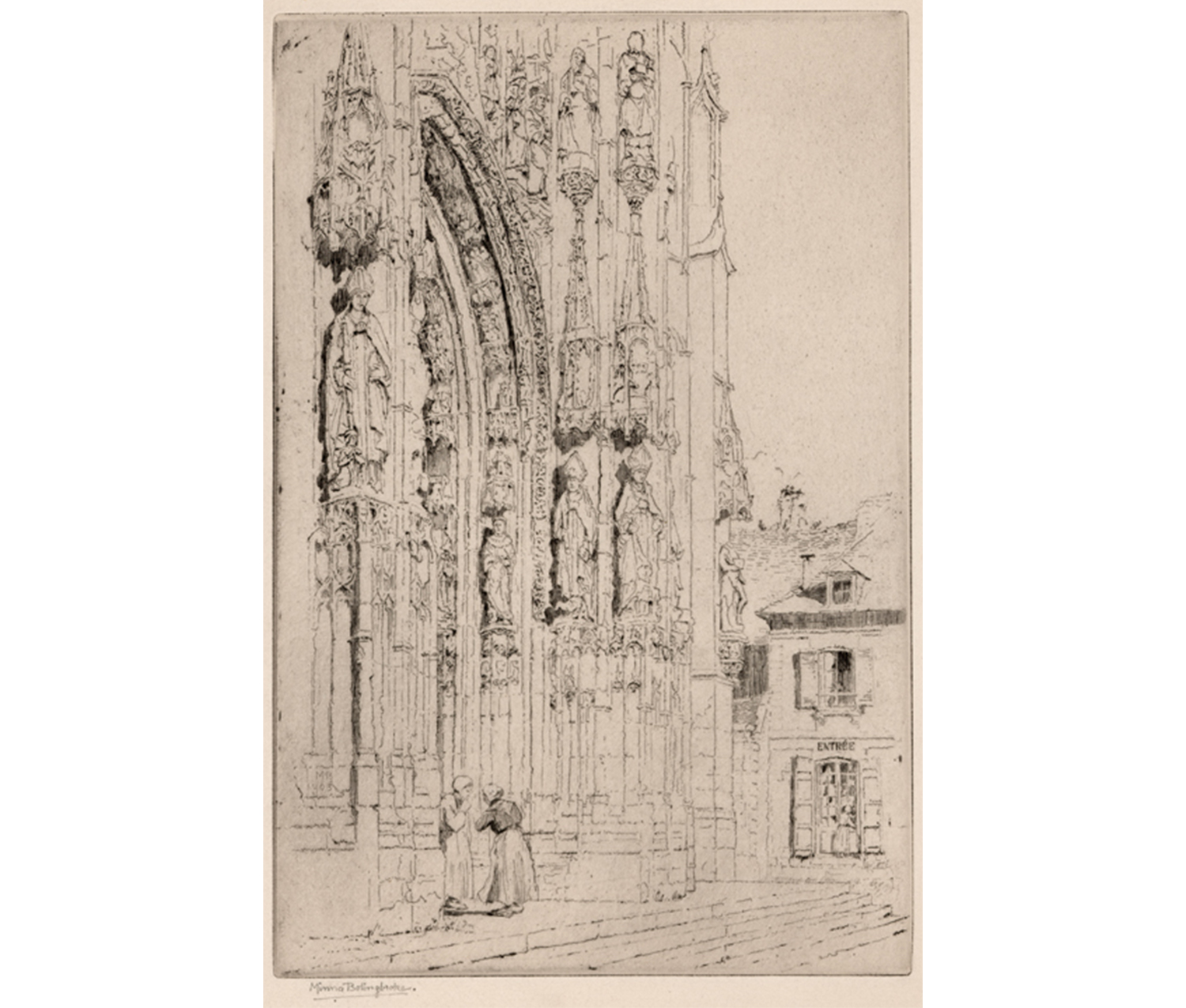 Cathedral doors with highly sculptural portal, featuring Gothic latticework and statues of Bishops and saints. Two women in conversation below the archway, and shop with words "Entree" at l.r